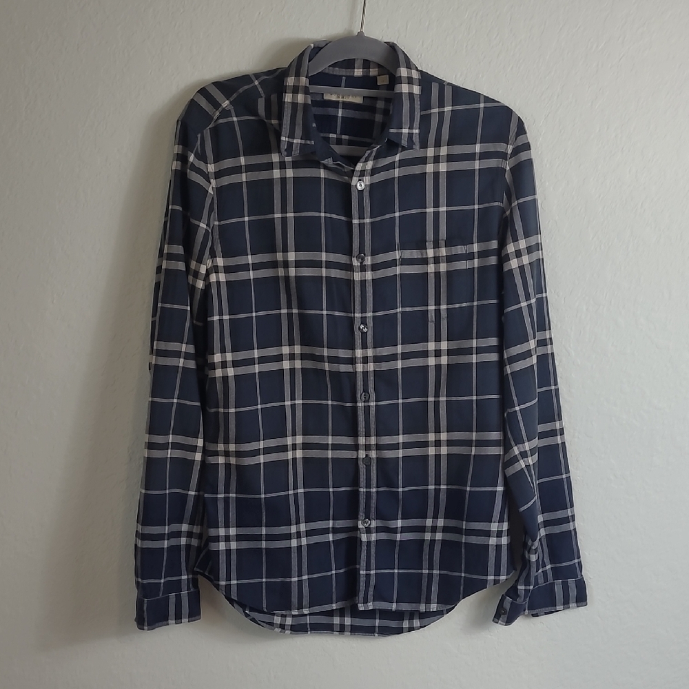 Burberry Dark Blue and White Plaid Shirt Size M